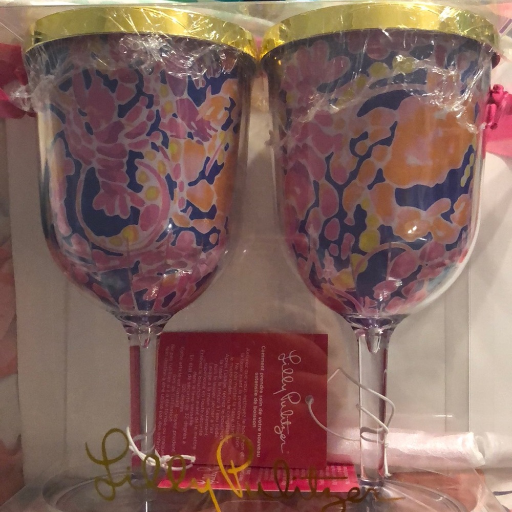 Lilly Pulitzer acrylic wine glasses with gold lid